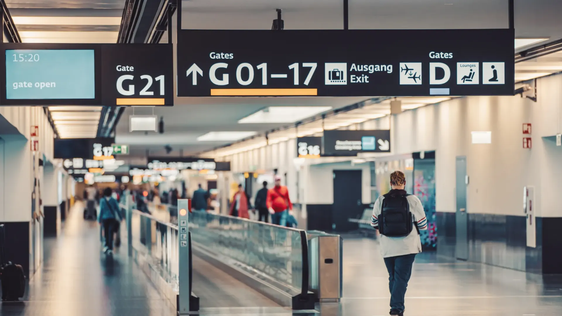 Terminal mit Wegweisern zu den Gates – Anreise zum Flughafen Wien nach dem Wegfall des Flugs Graz–Wien