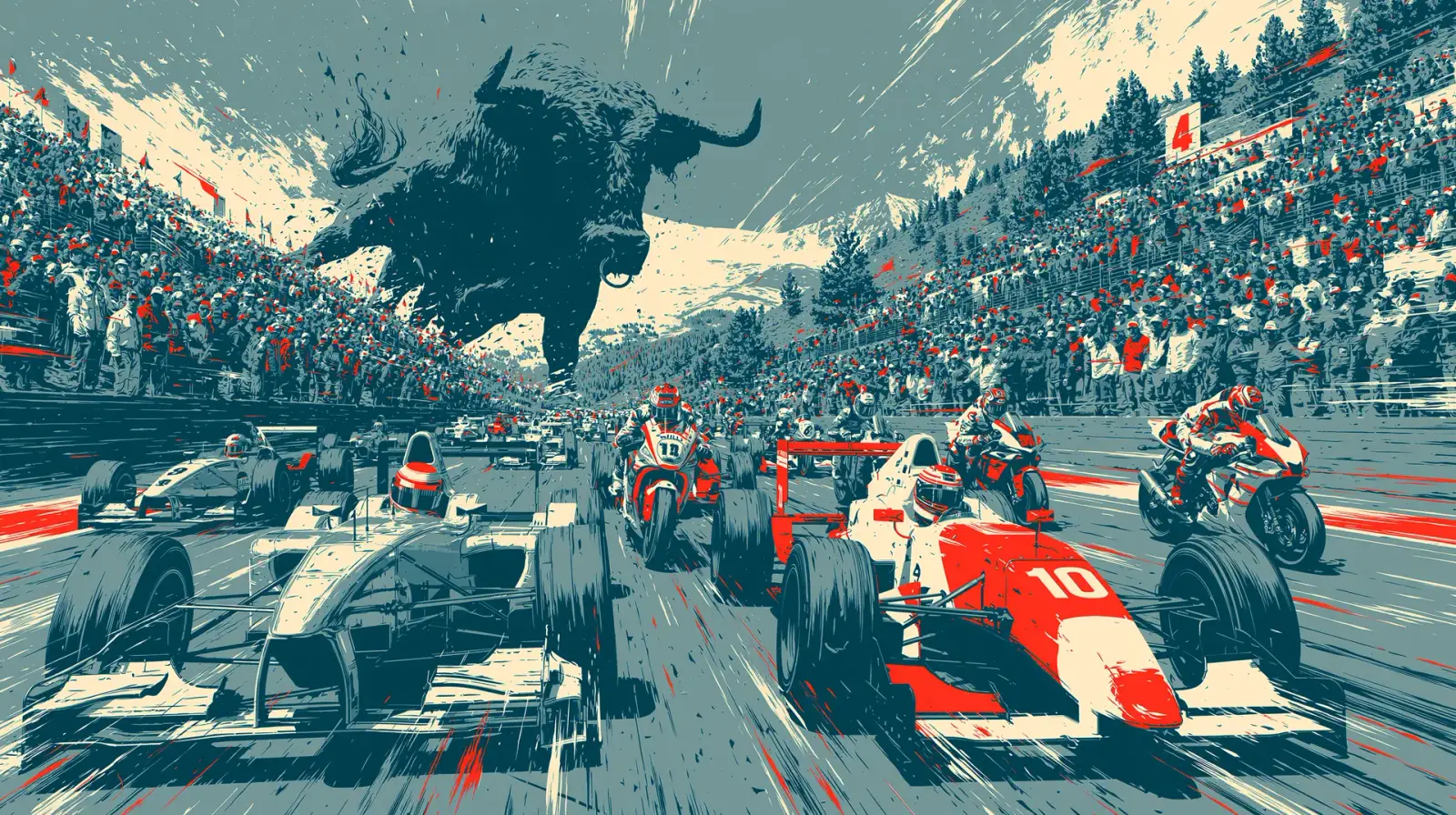 Illustration: Rennwagen und Motorräder auf einer Rennstrecke vor Alpenkulisse